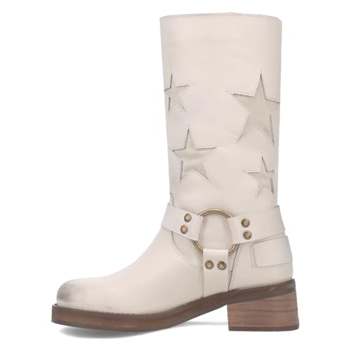 Image of Dingo Womens Blacklist Tooled Inlay Round Toe Pull On Motorcycle Casual Boots Mid Calf Mid Heel 2-3 inch