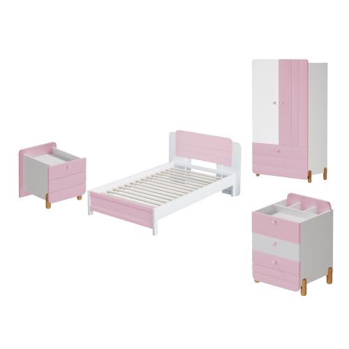 Dolamaní Juego completo de muebles para habitación juvenil, cama individual de 90 x 200 cm, mesita de noche con 3 cajones, 1 cajón, armario, cama, para niños y niñas (rosa)