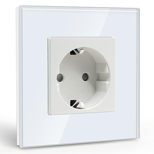 BSEED Enchufe de pared,Schuko Enchufe Simple con Panel de cristal Blanco,16A 250V toma de corriente Simple,1 Gang Enchufes de extensión para Cocina,Dormitorio, Oficina, Hotel,etc-86mm*86mm