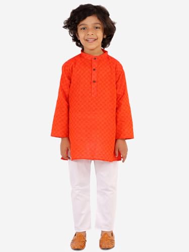 Image of superminis Baby Boys Traditional Ethnic Wear Handloom Cotton Solid Pattern Kurta With White Pyjama Set