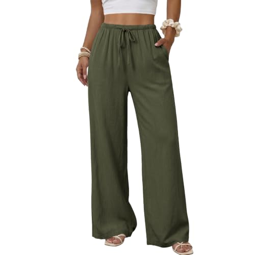 Image of Duyang Womens Cotton Linen Palazzo Pants Drawstring Elastic Waist Casual Wide Leg Trousers with Pockets