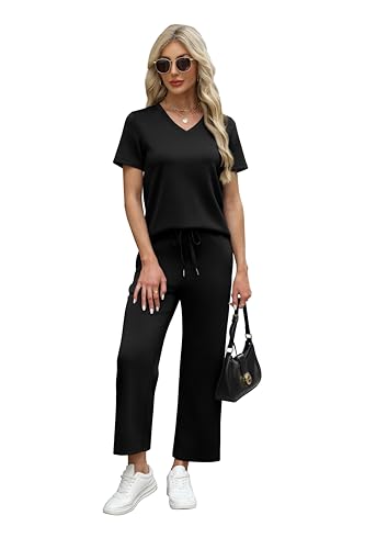 Image of WIHOLL 2 Piece Sets for Women Summer Lounge Set Wide Leg Pants Matching Set Vacation Travel Outfits Beach Clothing
