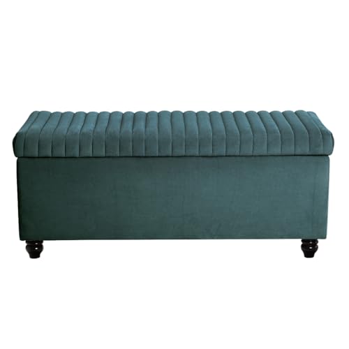 Image of 2 Seater Upholstered Ottoman Bench with Storage Settee Sofa Couch Button Tufted Pouffe for Living Room Bedroom Office (Osean Green)