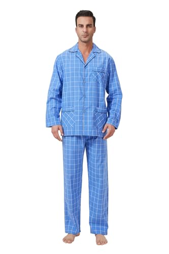 Image of GLOBAL Men 100% Cotton Pajamas Set Button Down Pjs Long Sleeve Pajamas for Men Soft Comfy Sleepwear