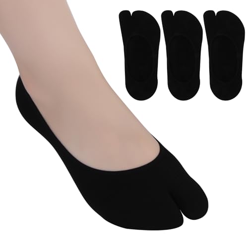 Cutey May No Show Tabi Socks for Women Split Toe Design Non-Slip Liner Socks for Flip Flops 3 Pairs Black/White/Beige (US Numeric 6 9 Regular Petite Black)