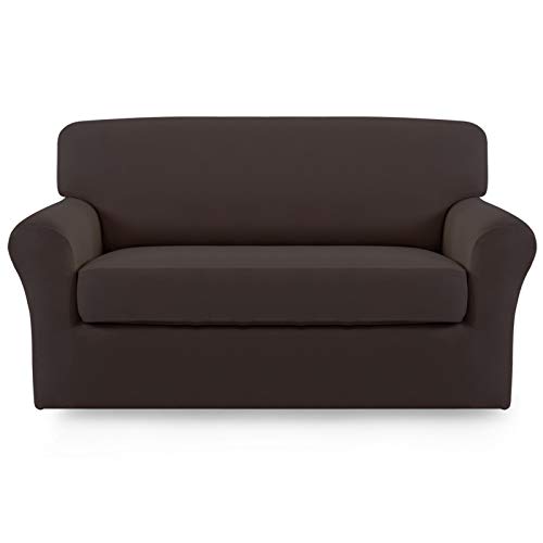 Image of Easy-Going 2 Pieces Stretch Loveseat Couch Sofa Slipcover Washable | Spandex Soft Fitted Sofa Couch Cover for Sofa Furniture Protector with Bottom Kids,Pet Dog Chocolate
