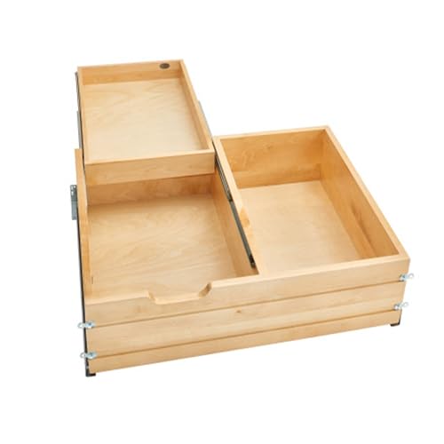 Rev-A-Shelf 4WTCDD-30HSC-1 27 Inch Wide 2 Tiered Kitchen Utensil & Cutlery Pullout Deep Drawer Tray Organizer with Blumotion Soft Close Slides, Wood