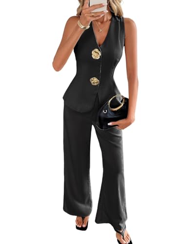 Womens 2 Piece Dressy Sets Straight Wide Leg Pants Slim Vest Business Suits Office Outfits for Women