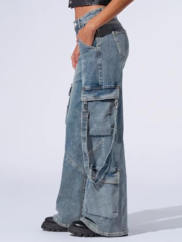 utcoco Women's Boyfriend Cargo Jeans Baggy Low Waist Wide Leg Denim Pants with Multi Pockets and Straps3