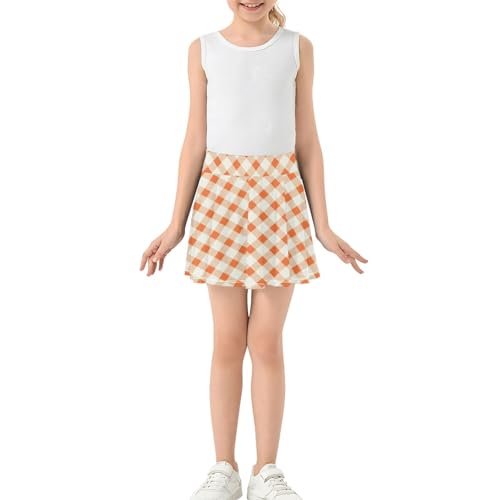 Orange Gingham Girls Tennis Skirts with Built-in Shorts Skirt for Toddler Girl Youth Cheer Skirt