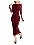 Milumia Women's Ruched Mesh Bodycon Dress Long Sleeve Boat Neck Midi Dresses Burgundy Medium