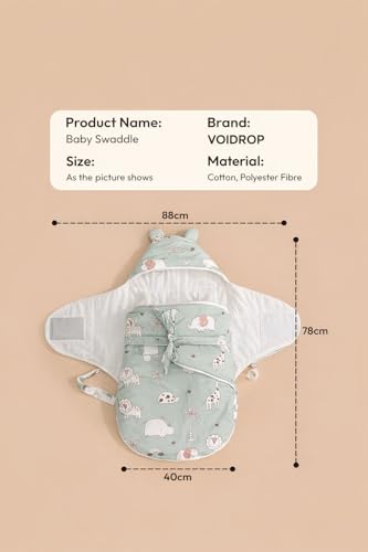 Image of VoiDrop Baby Swaddle Wrap for Newborn 0 to 9 Months, Baby Sleeping Bag with Hood, Muslin Swaddle for All Season, Animal Print-Green