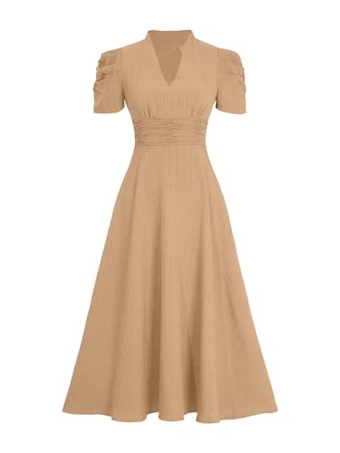 Image of Sugathari Women Women's V-Neck Maxi Dress, A-Line Style, Puff Sleeves, Cinched Waist 246