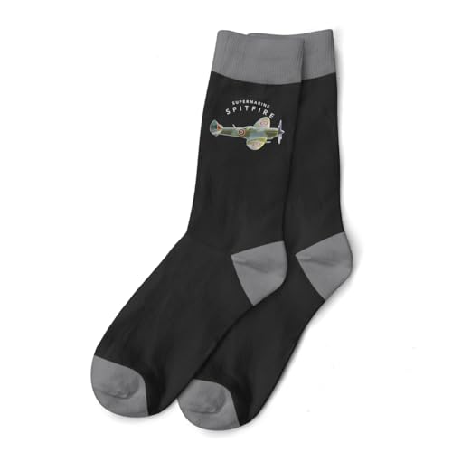 D Design Invent Print! Spitfire Socks Gift for Men Flying Legend Supermarine Gift WWII Aircraft Gift Keepsake Present Size 6-11 (Cotton Black (HT))