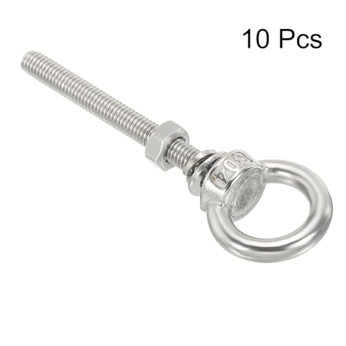 Image of uxcell M6x60 1 /4 inch x2-2 /5 Stainless Steel Eye Bolts Threaded Screw Eyebolt Shoulder Ring with Nuts Washers for Lifting Hanging, 10 Set