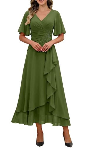 Robe de soirée en mousseline chic à col en V et manches plissées élégantes pour femme