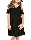 GRAPENT Girls Cold Shoulder Ruffled Short Sleeve Casual Loose Tunic T-Shirt Dress Size Large (8-9 Years) Black