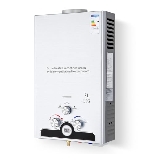 VONLUCE Chauffe-Eau Gaz Instantané 8L/min 13,6kW GPL - Portable pour Camping/Caravane, Modes Hiver/Été, Température Réglable 27-68°C, Certifié CE...