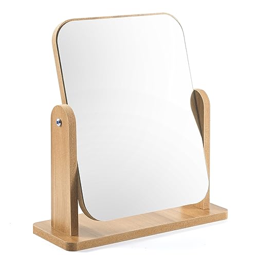 QINGMUG Vanity Mirror Wood Desk Makeup Mirror , 360° Swivel Desktop Square Mirror for Dressing Table Desk, Bathroom, Bedroom (1), 22 x 17CM