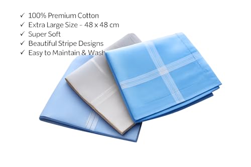 Image of Premium 100% Cotton Handkerchiefs for Men, 48 x 48 cm, Large Size Rumal Napkins, White & Multicolor Stripes
