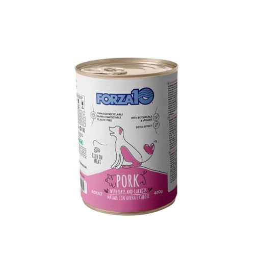 Forza 10 Umido Cane gusto MAIALE, alimento completo di mantenimento per cani adulti di tutte le taglie e razze, for dogs, pork | 6 scatolette da 400 grammi l'una.