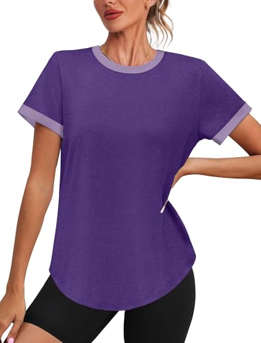 Image of Womens Workout Tops Summer Short Sleeve Shirts Athletic Color Block Gym Clothes Outfits Sun Protection UPF 50+ T Shirts