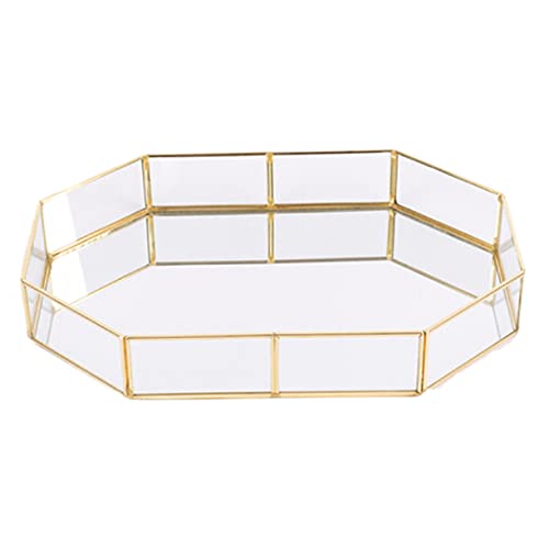 MAGICLULU Bandeja De Cosméticos De Estilo Nórdico Diseño Geométrico y Tira De Cobre Organizador De Joyería y Maquillaje Vidrio Poligonal Para Decoración De Escritorio
