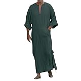 Kaftan-Thobe für Herren Langärmelig V-Neck, Leinen-Schlafanzüge Groß- und Langgrößen, Muslimische Casual-Lose Leichtgewicht-Lange Schlafgowns(1C-Blackish Green, XXXXXL)