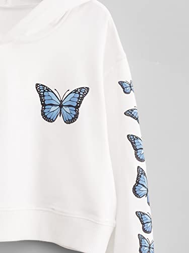 Romwe Girl's Butterfly Print Drop Shoulder Long Sleeve Pullover Hoodie Sweatshirt Crop Top Tee Shirt White 160 #TOP3