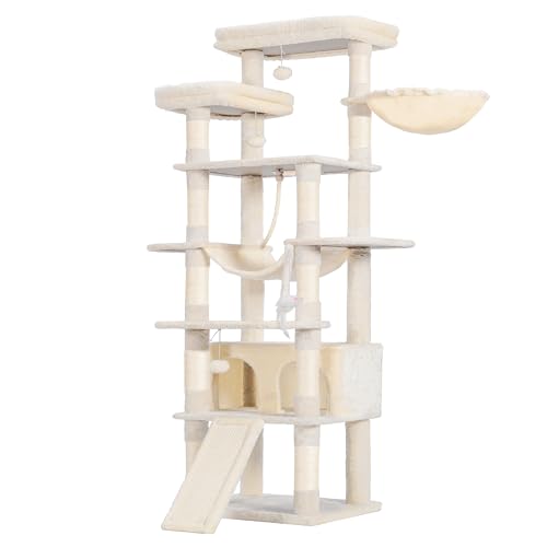 Image of Heybly Tall Cat Tree 78-inch Multi-Level Cat Tower for Indoor Cats HCT033M | Cat Condo with 2 Widened Plush Perches, Multi-Level Cat Furniture with Scratching Board, Big Caves, Beige