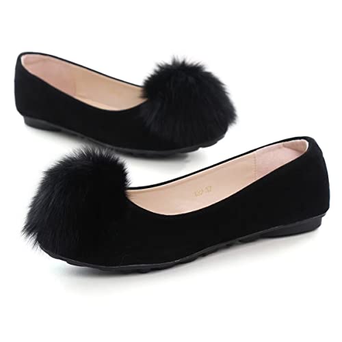 Hee grand Women Pom Pom Causal Flats -Solid Slip on Shallow Comfortable Ballet Shoes