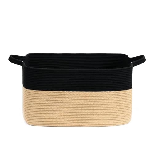 Image of Large Jute Cotton Rope Laundry Basket with Handle (20x15x12 Inches) | Tall Rectangular Clothes Hamper for Bathroom, Bedroom & Storage | Eco-Friendly Handwoven Organizer (Beige & Black)