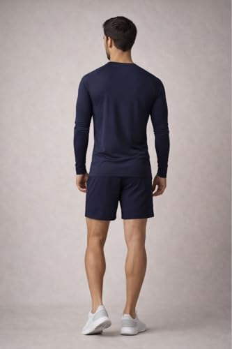 Image of Men's Blue Lycra Spandex Compression Solid Quick Dry Full Sleeve Regular Fit Round Crew Neck Active Sportswear Gym T-Shirt for Workout Training Running and Fitness Activities