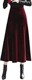 ebossy Women's High Waist Pleated Velvet Skirt Casual Slim Flowy Swing A-line Midi Skirts with Pockets (S,Wine)