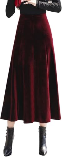 Women's Vintage Velvet A-line Elastic High Waist Pleated Solid Swing Flowy Midi Skirt Thicken Warm...