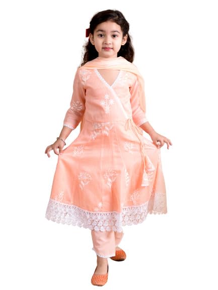 Pspeaches Girls Peach-Coloured Floral Printed Angrakha Pure Cotton Kurta With Trousers With Dupatta (Orange-5-6Y)