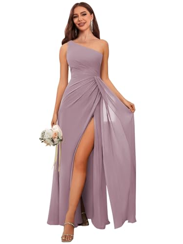 OFEECHUN Women's Chiffon One Shoulder Bridesmaid Dresses with Slit Long A Line Ruched Formal Evening Gown