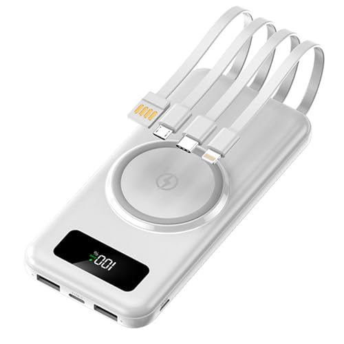 Banco de energía, PowerBank Mini móvil con Carga rápida inalámbrica 30000mAh Gran Capacidad compartida con 4 Hilos incorporados Adecuado, Blanco
