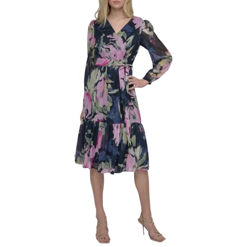 DKNY Women's Long Sleeve V-Neck Tie Waist Midi Dress