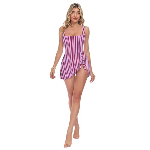 Maillot de bain 1 pièce femme rouge blush rembourré à rayures verticales d'été