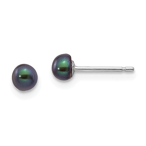 Solid 14k White Gold 3-4mm Black Button Freshwater Cultured Pearl Stud Post Earrings mm