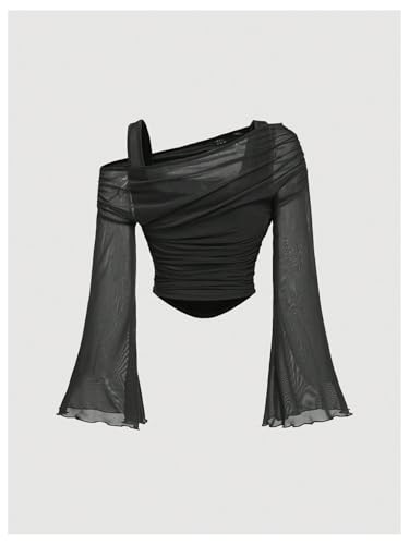 Women's Y2K Off The Shoulder Tops Long Bell Sleeve Mesh Shirt Ruched Crop Top Rave Clubwear2