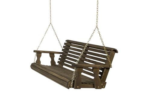 Image of Amish Casual Heavy Duty 700 Lb Capacity Porch Swing (5 Foot, Dark Walnut Stain) - Wooden Outdoor Roll Back Swing with Hanging Chains - Amish Made in the USA