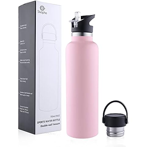Sivaphe Water Bottle Insulated Bottle Drink Flasks Leak-Proof for Sports Outdoor Stainless Steel, Double Walled Vacuum with Lids and Straw 750ml Pink Gift Cover