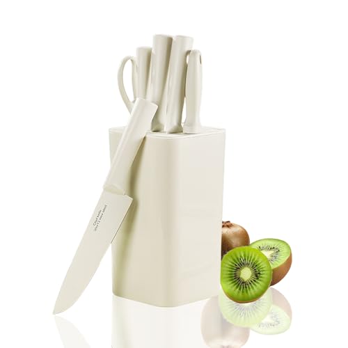 AVEKI Kitchen Knife Block Set, 7 PCS Stainless Steel Knives Set for Kitchen with Sharp Blade, Professional Chef Block Set with Ergonomic Non-slip Handle, Ideal for House Warming Gift (White)