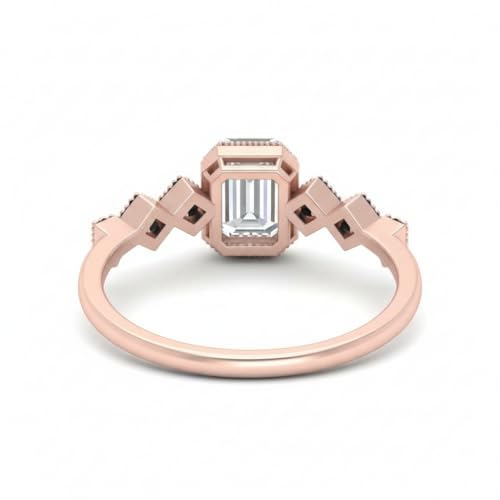 Image of Choose Your Gemstone Bezel Set Emerald Accented Diamond CZ Ring Rose Gold Plated Emerald Shape Side Stone Engagement Rings for Women, Girls and Ladies US Size 4 to 12
