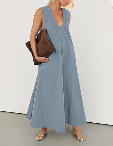 Image of Women Sleeveless Ruched Maxi Dress Scoop Neck Long Elegant Dresses Wide Shoulder Strap Blouse Dress with Side Pockets