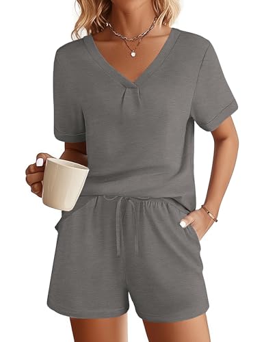Ekouaer Schlafanzüge Kurz für Damen Kurzärmliges Pyjama Set Zweiteiliger Hausanzug Sommer V-Ausschnitt Nachtwäsche weich PJS mit Tasche Grau M