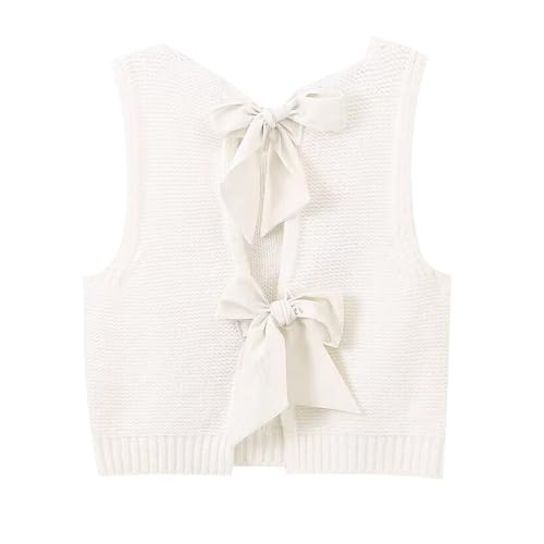 Women Y2k Bow Tie Back Sweater Vest Top,Bow Casual Sleeveless Sweater Short Cardigans Knitted Tank for Women