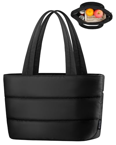 HOTOR Puffer Tote Lunch Bag for Women - Large Capacity Insulated Lunch Box & Cooler, Leakproof Thermal Lunch Bag for Office, Gym, Travel, Picnic, Black, 10.2